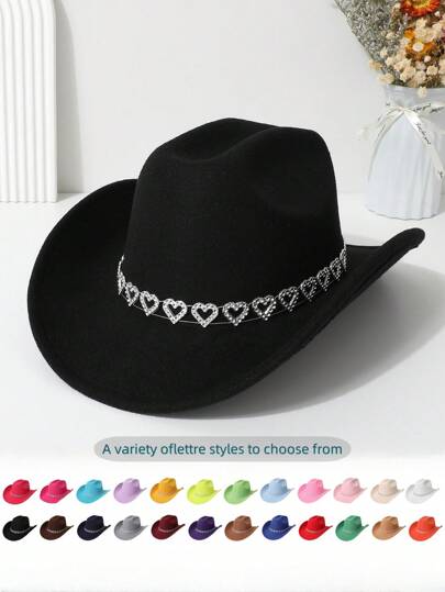 1pc Elegant And Simple Cowboy Hat With Rhinestone Hollow Heart Belt, Perfect For Graduation, Vacation, And Party Halloween