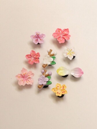 10pcs Multi-Colored Tree Leaf Cherry Blossom Flower Bone Shape Decoration Set, Fashionable Shoe DIY Accessory For Sexy Ladies, Students, Clogs, Handbags, Clothing, Summer Cute Sandals Accessories