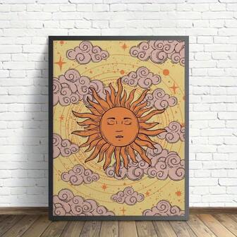 1pc Vintage Sun Moon Wall Poster, Clouds God Of The Sun Pattern Print Modern Wall Home Art, Decoration Creative Gift Great For Living Room Bedroom Office Wall Decor Unframed Canvas Painting,Wall Art