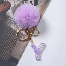 1入組可愛的紫色樹脂星星圖案毛絨球裝飾字母鑰匙扣掛飾毛絨鑰匙扣、錢包鑰匙扣、包裝飾字母鑰匙扣、字母形汽車鑰匙扣掛飾、防丟鑰匙扣，是給朋友、同事、同學、家人的絕佳禮物