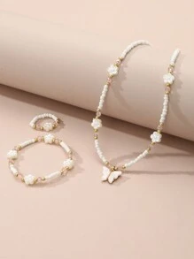 3pcs/Set Girls Beaded Flower & Butterfly Necklace, Bracelet, Ring Set