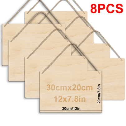 30x20cm/12x7.8in Unfinished Basswood Blank Rectangular Hanging Wooden Sign DIY Craft Project Wood Plaque With Rope Door Wall Decor 2/4/8pcs