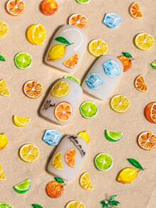 1 Piece Of Embossed Delicious Fruit Theme, Orange, Lemon, Ice Cubes And Other Nail Art Stickers, Suitable For Girls To Use In DIY Nail Salons Nails