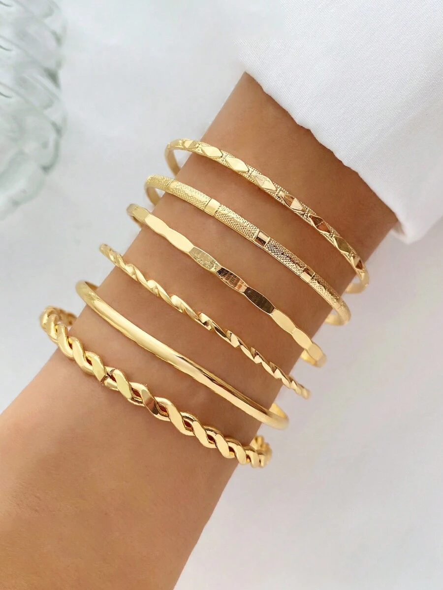 6pcs/Set Fashionable Personalized Geometric Multi-Layered Bracelet Set For Women, Daily Wear - Gold - View 1