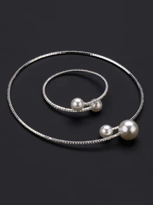 1/2pcs Luxury Rhinestone & Faux Pearl Bracelet & Necklace Set, Suitable For Evening Party