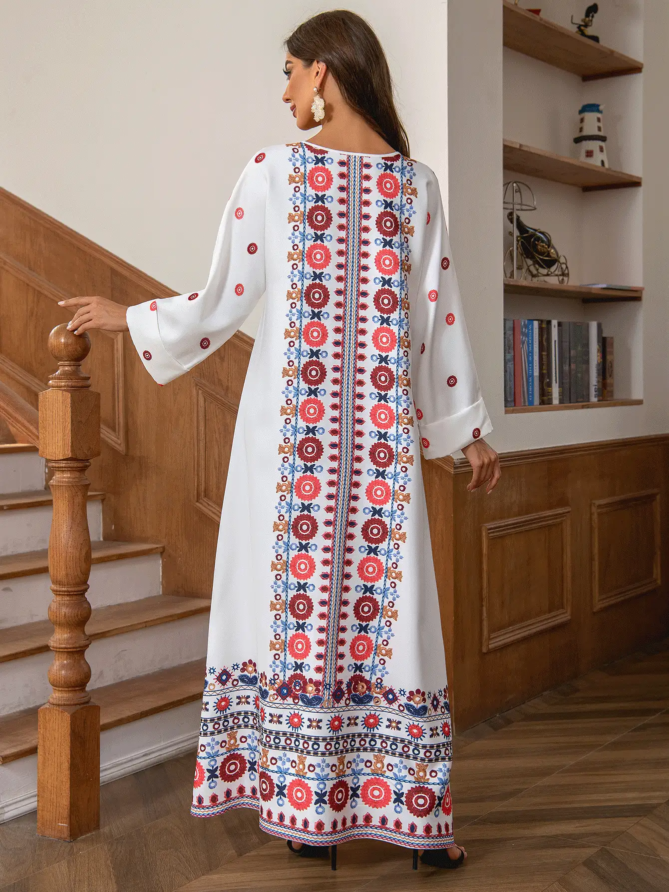 Vestido estilo bata larga para mujer, moda elegante con cuello redondo, estampado floral retro, con decoración de rhinestones - Blanco - Ver 2