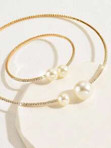 1/2pcs Luxury Rhinestone & Faux Pearl Bracelet & Necklace Set, Suitable For Evening Party