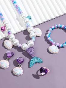 1套美人鱼尾巴仿珍珠吊坠项链、手链、戒指和耳环套装，完美搭配美人鱼派对和服装！美人鱼派对主题小礼物，派对小礼物 - 彩色 - 查看 7