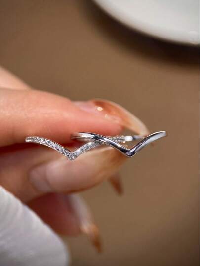 ESBERRY 1Pc S925 Sterling Silver Artificial Zirconia Guardian Geometric Couple Ring Female Dating Gift