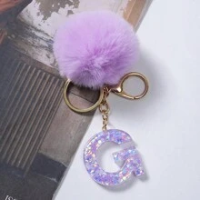 1入組可愛的紫色樹脂星星圖案毛絨球裝飾字母鑰匙扣掛飾毛絨鑰匙扣、錢包鑰匙扣、包裝飾字母鑰匙扣、字母形汽車鑰匙扣掛飾、防丟鑰匙扣，是給朋友、同事、同學、家人的絕佳禮物