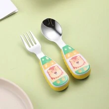 Juego de cucharilla y tenedor de acero inoxidable para niños de 2 piezas, lindo cubierto de alimentación para bebés para uso en el hogar - Verde - Ver 1