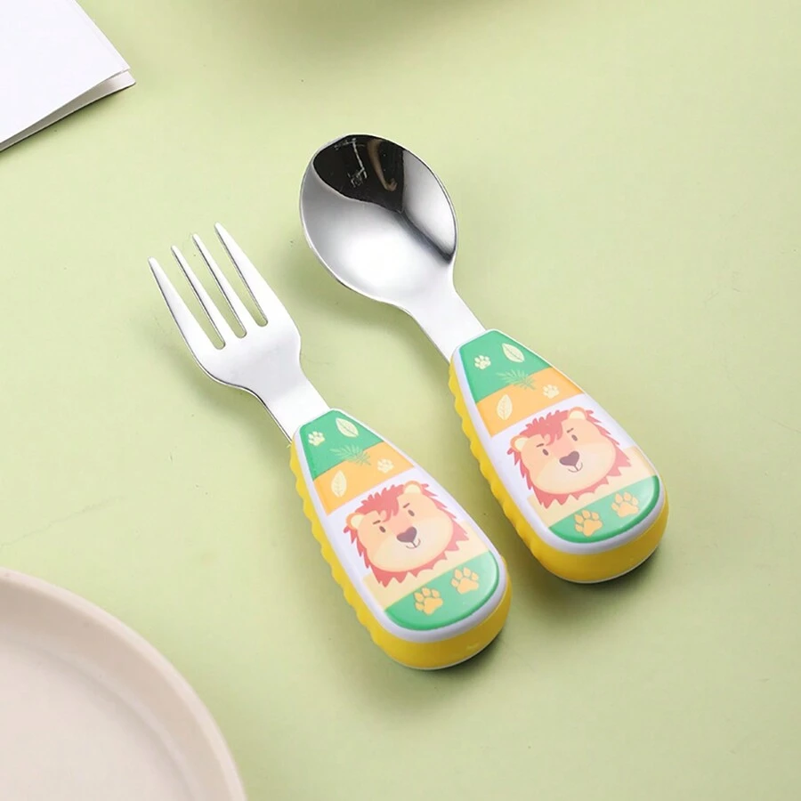 Juego de cucharilla y tenedor de acero inoxidable para niños de 2 piezas, lindo cubierto de alimentación para bebés para uso en el hogar - Verde - Ver 1