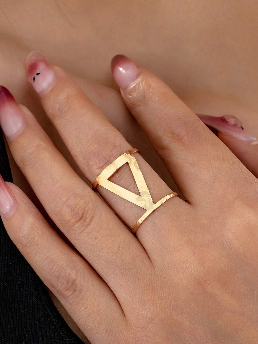 1 pieza Anillo abierto de moda con textura de metal triangular geométrico para mujer, adecuado para uso diario - Amarillo Oro - Ver 1