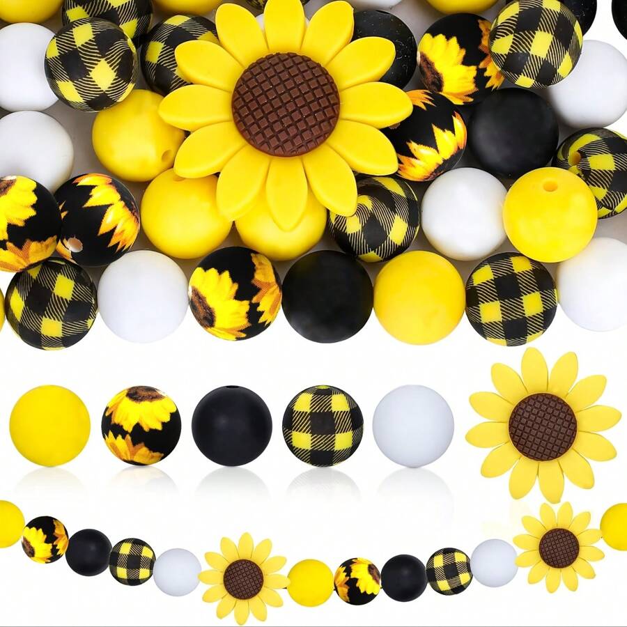 26 piezas de cuentas de silicona con diseño mixto de girasol y cuadros para manualidades DIY en bolsos, móviles, pulseras, collares y otros accesorios de joyería para San Valentín