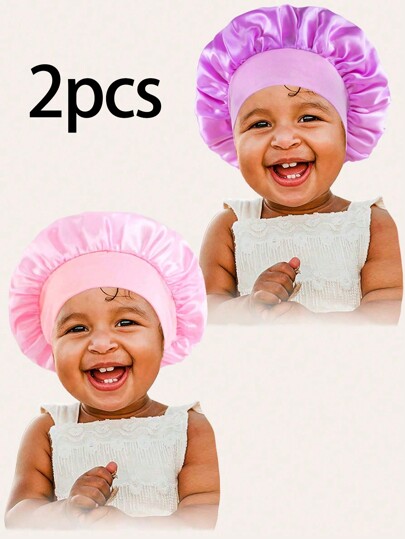2Pcs Children's Solid-Color Elastic Wide-Brim Silky Satin Bonnet - Secure-Fit Sleep Cap For Hair Ion, Ultra-Soft Breathable Design With Non-Slip Inner Band