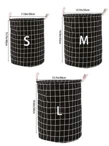 1pc Round Checkered Cloth Laundry Basket, Waterproof Storage Bin, Dirty Clothes Hamper, Storage Bucket - Black - View 2