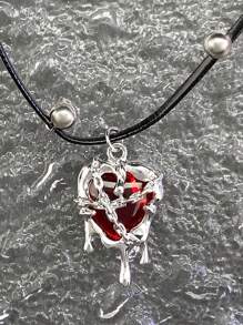 1 szt. Styl gotycki ciemnoczerwony kamień szlachetny uwięzione serce lawa wisiorek w kształcie łezki naszyjnik dla kobiet, urodziny/prezent festiwalowy - Czerwony - Zobacz 3