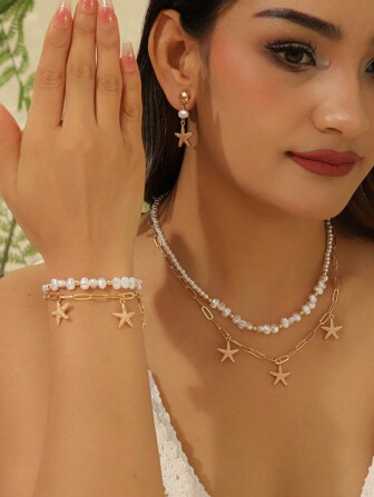 4pcs/Set Starfish Faux Pearl Beaded Chain Necklace Bracelet Dangle Earrings Jewelry Set For Women Summer Beach Party Daily Accessories
