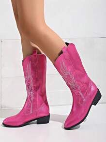 Modische bestickter Leder Western Stiefel für Damen, passen zu Rosa Korsett Plateau-Chelsea Boots mit Chunky Absatz und Punk-Stil, Cowboy Stiefel für Frauen