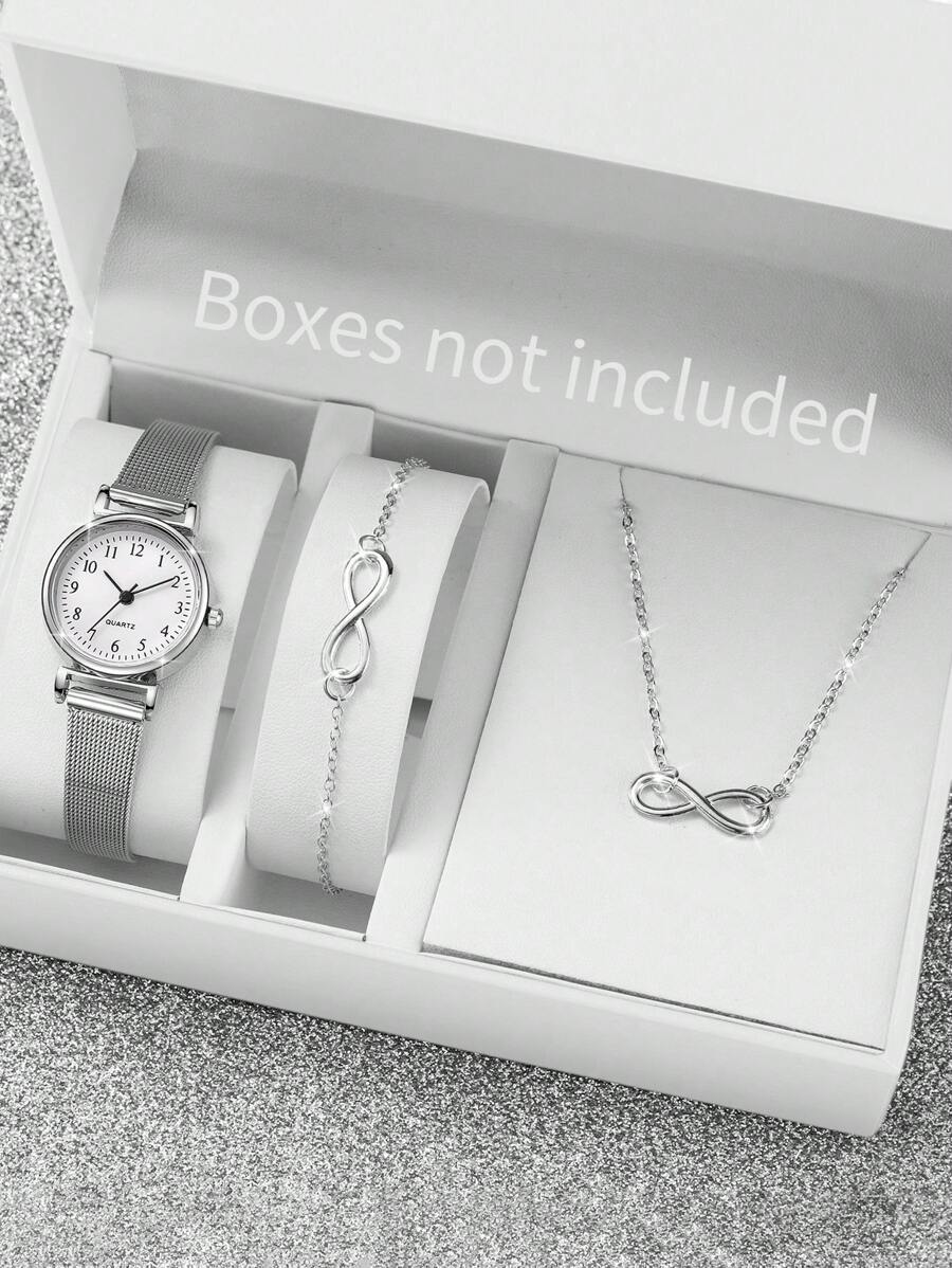 女士网状表带时尚简约数字表盘石英表 + 8 形珠宝套装（3 件/套）作为返校学生的礼物 - 銀色 - 查看 1