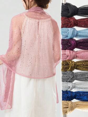 1条女士优雅围巾，饰有手工亮片，轻薄透气，适合户外活动，可搭配披肩，是女士的理想配饰。