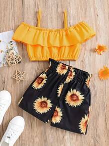 Young Girl's Cold Shoulder Crop Top With Ruffle Trim And Sunflower Print Shorts Set, Summer - Yellow - View 2