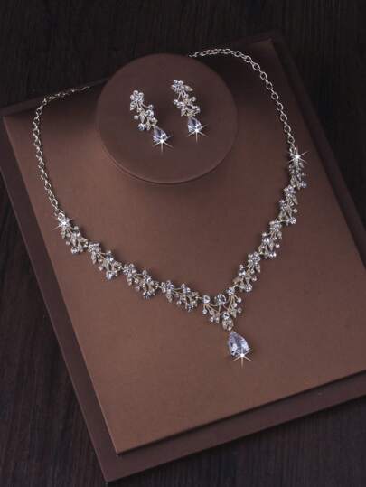 High-End Bridal Necklace Set, Bridal Jewelry, Wedding Dress Accessory, Light Gold/Silver/Gold-Color Zirconia & Crystal Necklace Earrings Set For Banquets And Wedding Halls