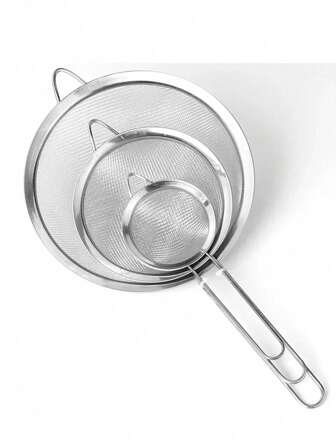 3pcs/Set Large/Medium/Small Stainless Steel Juice/Soy Milk Strainer, Oil Skimmer, Dumpling Strainer With Hook, Coffee Filter Spoon, Sifting Spoon, Flour Sieve