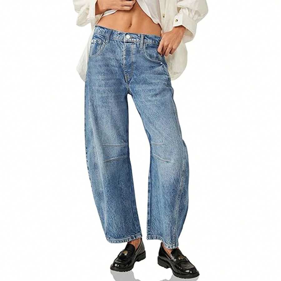 BZB Women's Baggy Boyfriend Jeans Vintage Wide Leg Mid Rise Barrel Denim Ankle Pants - 藍色 - 查看 1