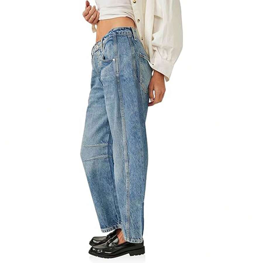 Damen Baggy Jeans Vintage - Boyfriend Wide Leg Denim Hose Mittlere Taillenhöhe