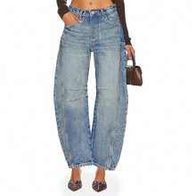 BZB Women's Baggy Boyfriend Jeans Vintage Wide Leg Mid Rise Barrel Denim Ankle Pants - 藍色 - 查看 2
