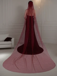 1pc Pure Handmade Burgundy Gold-Stamped Head Veil For Wedding, Stage Performance Or Other Occasions Fall Clothes For Women - Multicolor - View 9