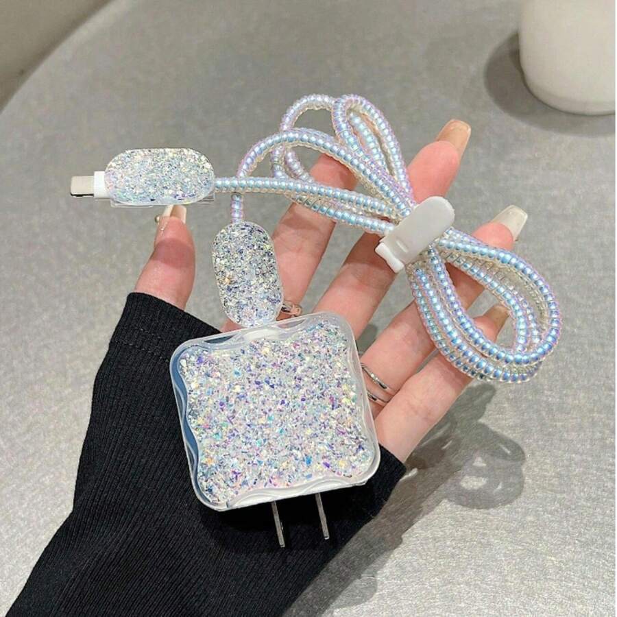 银色闪光充电盒兼容 18W/20W 充电器和数据线 数据线保护器、充电器保护器 - 銀色 - 查看 1