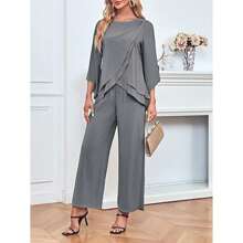 Women's Chiffon 2 Pcs Mother Of The Bride Pant Suits Asymmetrical Hem Tops And Pants Wedding Party Prom Outfit - 灰色 - 查看 3