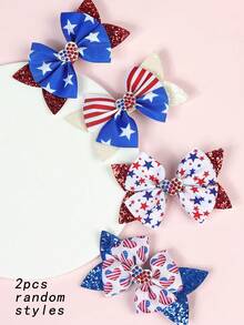 2 件随机款式新款儿童美国蝴蝶结发夹，美国独立日装饰性鳄鱼发夹带亮片，闪光双层燕尾夹，适合日常佩戴、摄影和送礼 - 彩色 - 查看 9