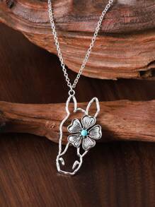 Vintage Western Style Ox Head Flower Turquoise Hollow Pendant Necklace Women Bohemian Farmhouse Personalized Necklace Gift For Her Valentines,Mom,Mother,Mother's Day,Gift