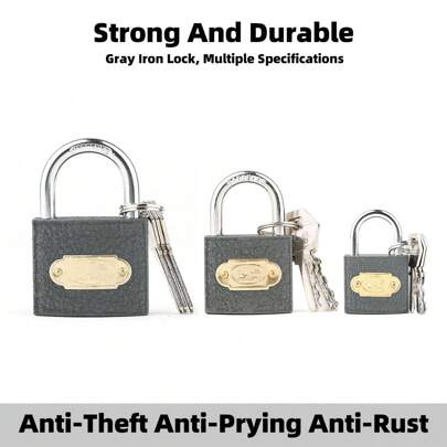 1pc Thick Padlock, Single Digit Grey Iron Lock, Padlock, Student Dormitory Drawer Lock, Home Cabinet Lock, Front Door Lock, Anti-Theft, Anti-Pry Iron Lock, Door And Window Lock, Multi-Size Key Lock, Rust-Resistant (Comes With 3 Keys)