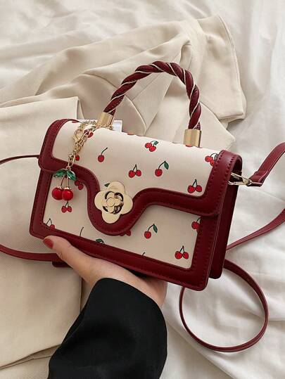 Bolso de mano cuadrado de PU de alta gama y moda para señoras, bolso de hombro multifuncional y lindo con estampado de cerezas, adecuado para compras, citas, bolso bandolera para chicas, con elementos kawaii de cerezas para el Día de San Valentín