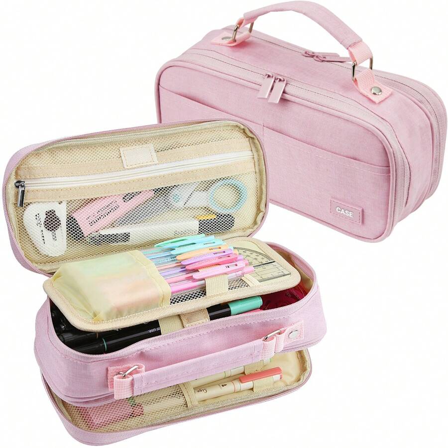 Dual Side Pencil Case Large Capacity Pencil Case Organizer; Double Zipper Storage Bag; Big Pencil Pouch - 粉色 - 查看 1