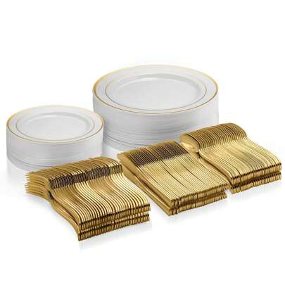 125 Piece Gold Dinnerware Party Set - 50 Gold Rim Plastic Plates, 25 Dinner Plates, 25 Dessert Plates, 25 Knives, 25 Forks, 25 Spoons - 25 Guest Disposable Set For Wedding Birthday Parties