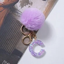 1入組可愛的紫色樹脂星星圖案毛絨球裝飾字母鑰匙扣掛飾毛絨鑰匙扣、錢包鑰匙扣、包裝飾字母鑰匙扣、字母形汽車鑰匙扣掛飾、防丟鑰匙扣，是給朋友、同事、同學、家人的絕佳禮物
