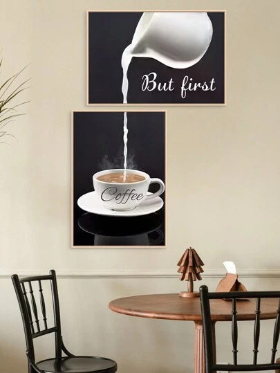 2 piezas Pintura de lienzo de aceite creativa de café con leche, decoración de pared de café, decoración del hogar, sala de estar, cocina, sin marco