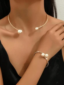 1/2pcs Luxury Rhinestone & Faux Pearl Bracelet & Necklace Set, Suitable For Evening Party