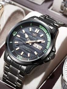 1入時尚大表盤防水黑色不鏽鋼男士自動機械錶，夜光，適合日常佩戴和送禮