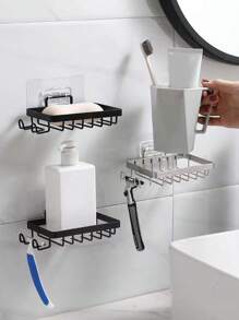 1pc Multipurpose Stainless Steel Storage Shelf With Hooks For Toiletries Placement, Soap, Etc. Home Bathroom Decor Summer - Black - View 3