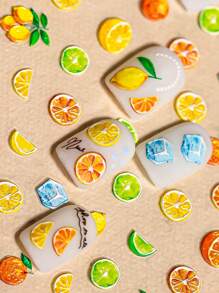 1 Piece Of Embossed Delicious Fruit Theme, Orange, Lemon, Ice Cubes And Other Nail Art Stickers, Suitable For Girls To Use In DIY Nail Salons Nails