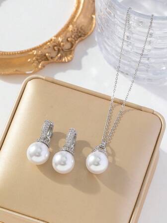 2pcs/Set Stainless Steel Pearl & Rhinestone Necklace + Earrings Set, Fashionable Jewelry Suitable For Women's Daily Wear, Dates, And Gifts