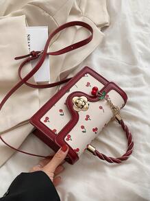 Fashionable High-End Ladies Square-Shaped PU Handbag, Multifunctional Cute Cherry Printed Shoulder Bag, Suitable For Shopping, Dating, Crossbody Bag For Girls, Kawaii Cherry Elements Valentines