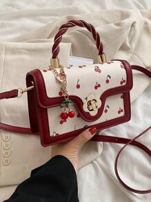 Fashionable High-End Ladies Square-Shaped PU Handbag, Multifunctional Cute Cherry Printed Shoulder Bag, Suitable For Shopping, Dating, Crossbody Bag For Girls, Kawaii Cherry Elements Valentines
