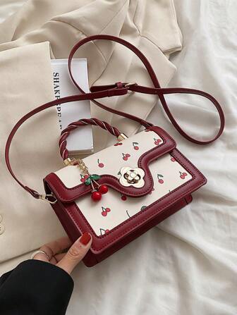 Fashionable High-End Ladies Square-Shaped PU Handbag, Multifunctional Cute Cherry Printed Shoulder Bag, Suitable For Shopping, Dating, Crossbody Bag For Girls, Kawaii Cherry Elements Valentines